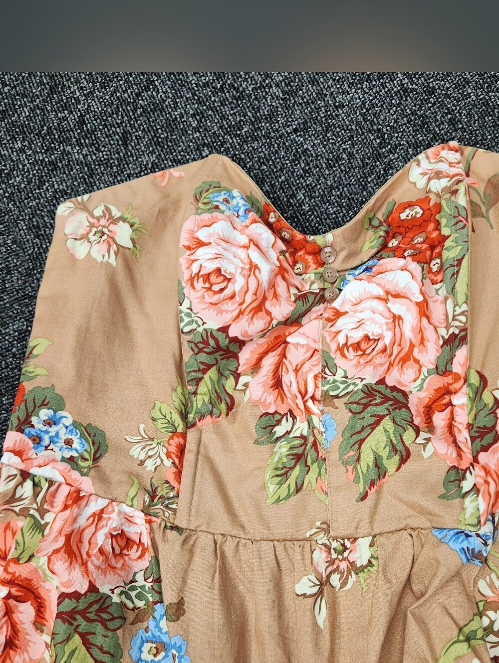 Romantic Floral Strapless Mini Dress Smocked Back Tan Pink M - Picture 8 of 8